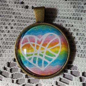 Rainbow Heart Glass Cabochon Pendant - Handmade